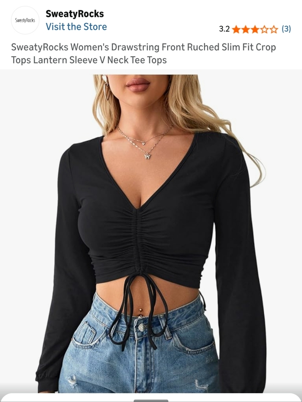 Sweaty Rocks Black Ruched Drawstring V‑Neck Crop Top